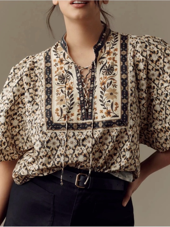 Anthropologie Tops - NWOT Anthropologie Lace-Up Floral Peasant Top in Cream, Black and Tan Size L